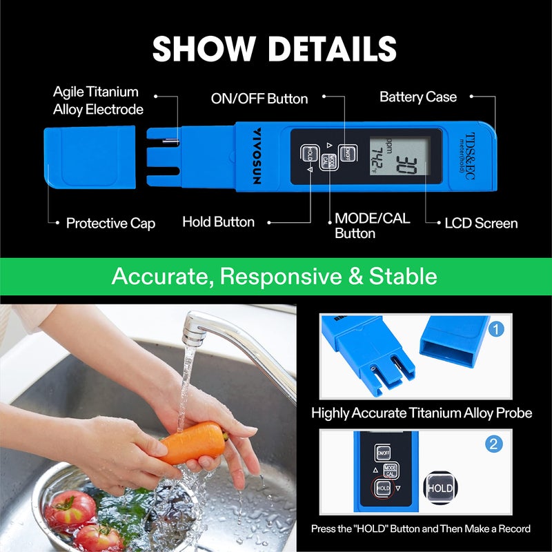 Meridian VIVOSUN 3-in-1 TDS, EC & Temperature Meter, Digital Water Quality Tester, Blue - Image 5