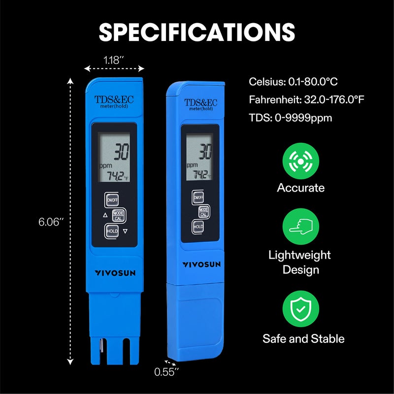 Meridian VIVOSUN 3-in-1 TDS, EC & Temperature Meter, Digital Water Quality Tester, Blue - Image 3