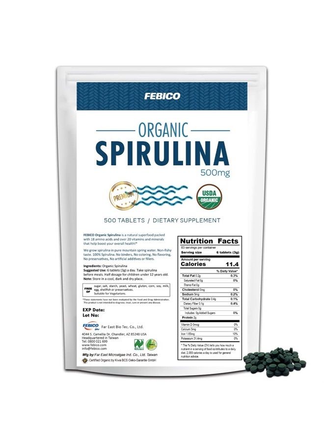 Febico Organic Spirulina Tablets- 250 Grams, 83 Days Supply- Natural Multivitamin, Protein, Phycocyanin, Vitamin B Complex, GLA, Vegan, Superfood, Non-GMO, USDA, Naturland and Halal Certified