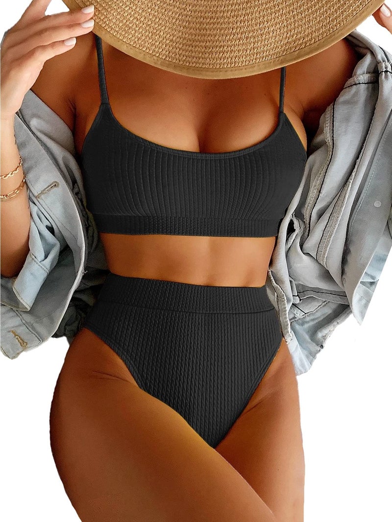 Lilosy Plus Size High Waisted Tummy Control Bikini Ribbed Sporty Brazilian Swimsuit Set Women Highwaisted Cheeky Cut Leg Rise Bottom Crop Push Up Top 2 Piece Bathing Suit Black XX-Large - Image 1