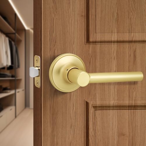 Gaurqiah Brushed Gold Passage Door Handle Round Design NonLocking Door Lever Reversible Door Lever for Hallway Closet Satin Brass - Image 1