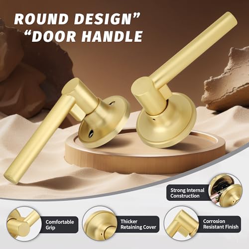 Gaurqiah Brushed Gold Passage Door Handle Round Design NonLocking Door Lever Reversible Door Lever for Hallway Closet Satin Brass - Image 3