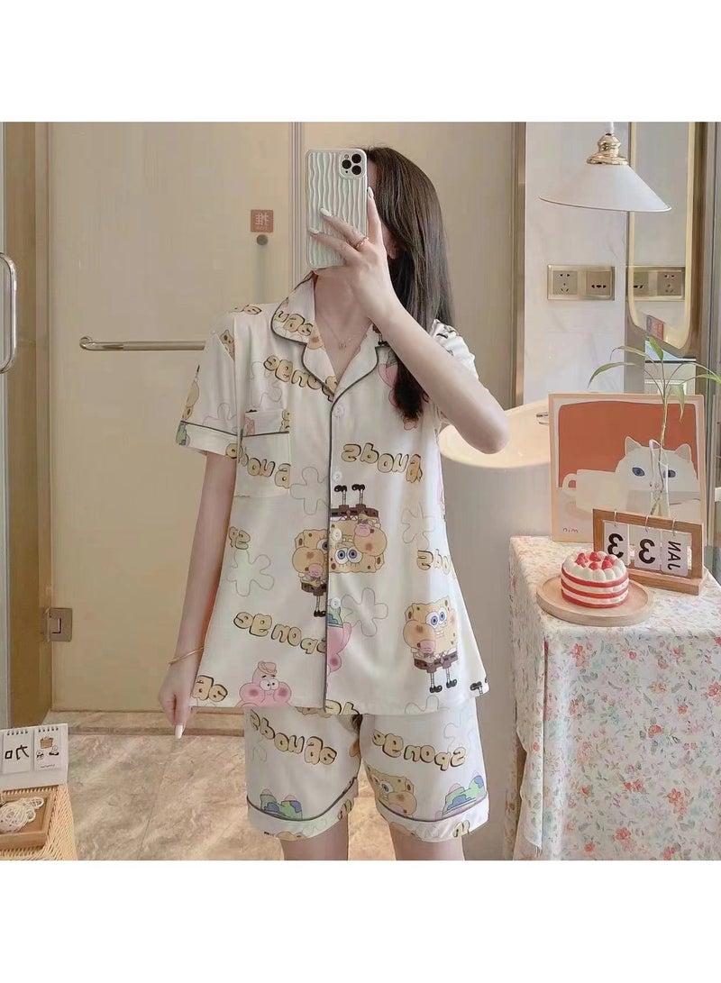 DubaiGallery Women Pyjamas Set PJ Ladies Silk Satin Short Sleeve Print Button Up Loungewear