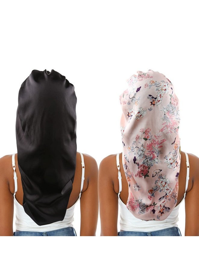 sent hair 2Pcs Extra Long Hair Satin Bonnet For Women Singlelayer Night Sleep Cap Bonnet With Elastic Band For Braids/Dreadlocks/Locs/Curly/Long Hair (Black+Pink Flower)  - Image 1
