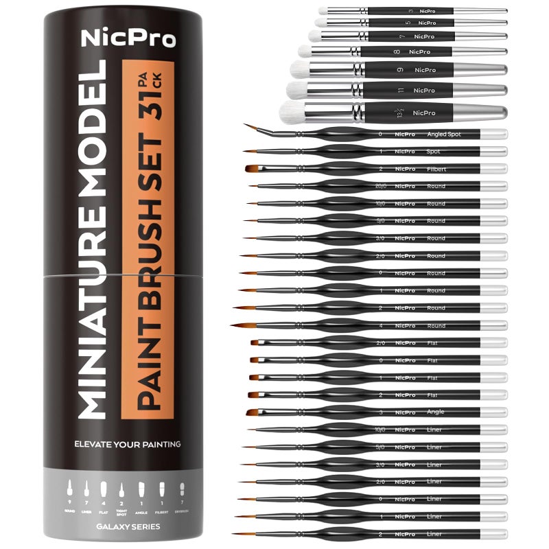 Nicpro Miniature Paint Brushes Drybrush - 31PCS Model Paint Brush Set for Acrylic Oil Watercolor, Detail Paint Brush Dry Brush for Model, Miniature Painting, Paint by Numbers, Craft - with Container - Image 1