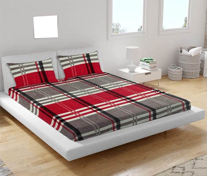 Prozone Prozone Premium Flannel Velvet Warm Elastic Fitted Bedsheets King Size with 2 Pillow Covers 72 x 78 Bedsheets for Double Bed Winter Season Red Grey  - Image 1