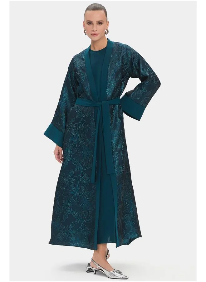 جون June Women Embroidered Waist-Tied Abaya Teal