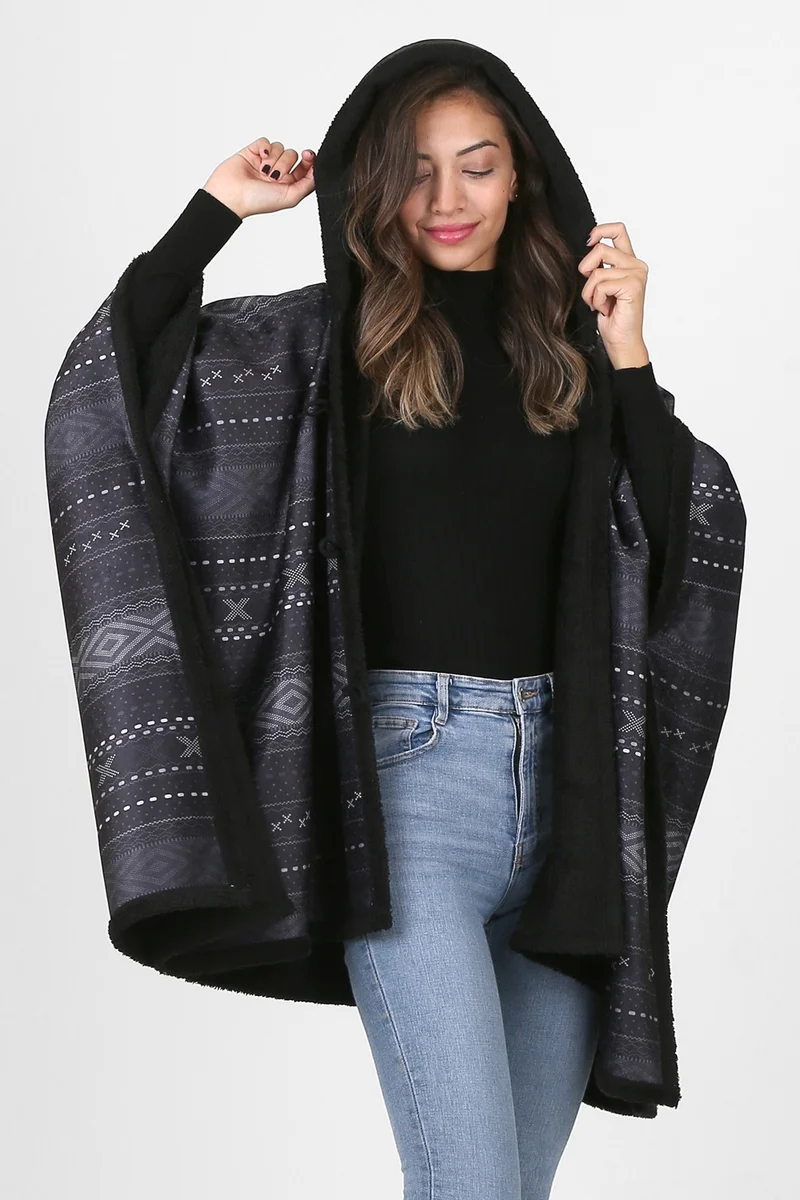 هامور Dough Hooded Oversize Buttoned Inside Black Plush Velvet Coat Dote KK-804