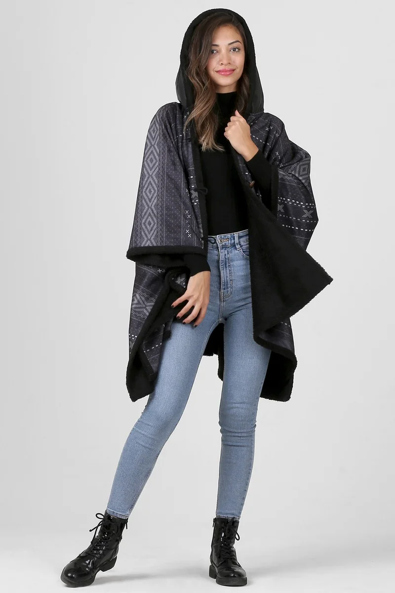 هامور Dough Hooded Oversize Buttoned Inside Black Plush Velvet Coat Dote KK-804