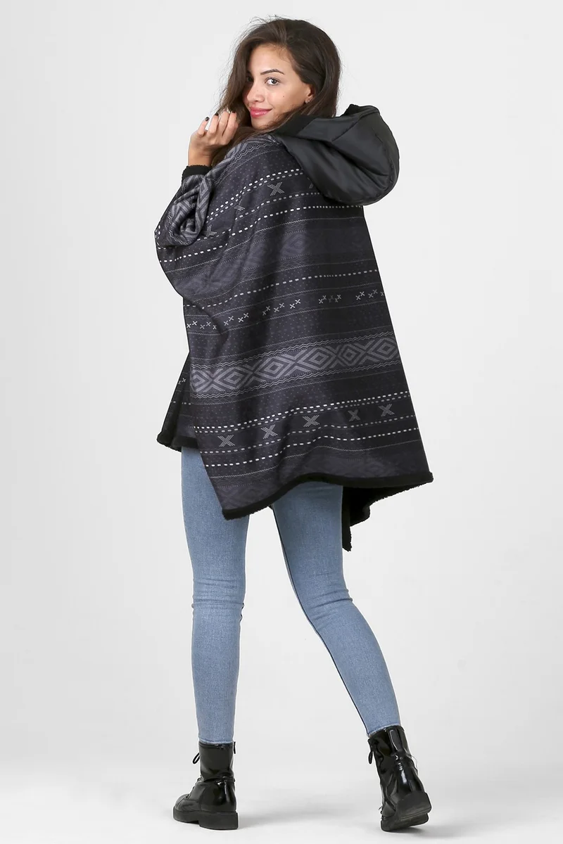 هامور Dough Hooded Oversize Buttoned Inside Black Plush Velvet Coat Dote KK-804