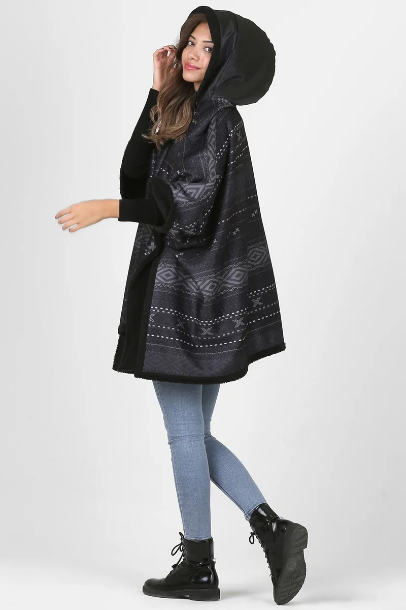 هامور Dough Hooded Oversize Buttoned Inside Black Plush Velvet Coat Dote KK-804