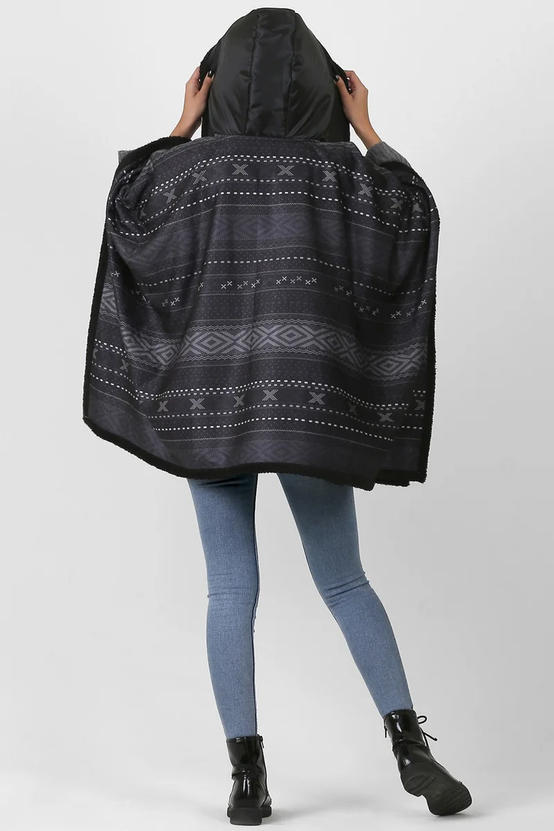 هامور Dough Hooded Oversize Buttoned Inside Black Plush Velvet Coat Dote KK-804