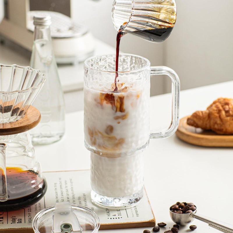 INSETLAN 26oz Water Ripple Glass Tumbler with Handle and Lid, Set of 2 â€“ Reusable Iced Coffee Cups with Lids, Clear Glass Cups with Straw for Coffee, Smoothies, Tea, Juice â€“ Perfect for any Occasion - Image 4
