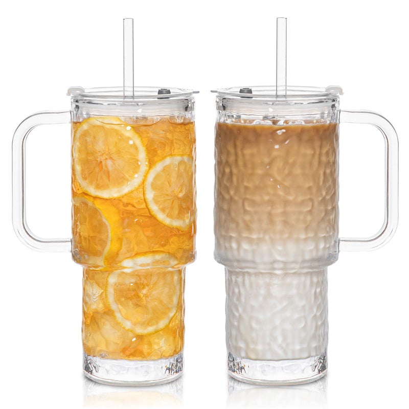 INSETLAN 26oz Water Ripple Glass Tumbler with Handle and Lid, Set of 2 â€“ Reusable Iced Coffee Cups with Lids, Clear Glass Cups with Straw for Coffee, Smoothies, Tea, Juice â€“ Perfect for any Occasion - Image 1