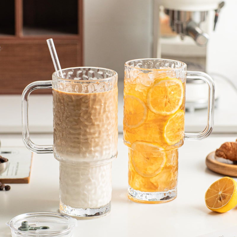 INSETLAN 26oz Water Ripple Glass Tumbler with Handle and Lid, Set of 2 â€“ Reusable Iced Coffee Cups with Lids, Clear Glass Cups with Straw for Coffee, Smoothies, Tea, Juice â€“ Perfect for any Occasion - Image 3