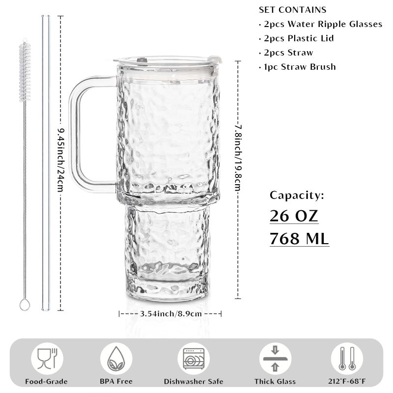 INSETLAN 26oz Water Ripple Glass Tumbler with Handle and Lid, Set of 2 â€“ Reusable Iced Coffee Cups with Lids, Clear Glass Cups with Straw for Coffee, Smoothies, Tea, Juice â€“ Perfect for any Occasion - Image 2