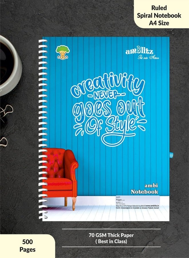 amblitz Spiral Notebook | 500 Pages | A4 Size | Single Line Ruled | Beautiful Covers with Motivational Quotes | Pack of 1 Notebook | School College Student Notemaking Notebook | 70 GSM Thick Paper - Image 2