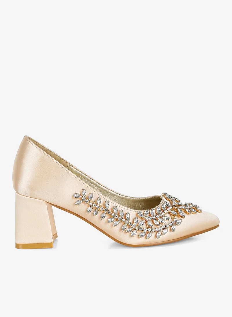 Satin Diamante Embellished Pumps in Beige