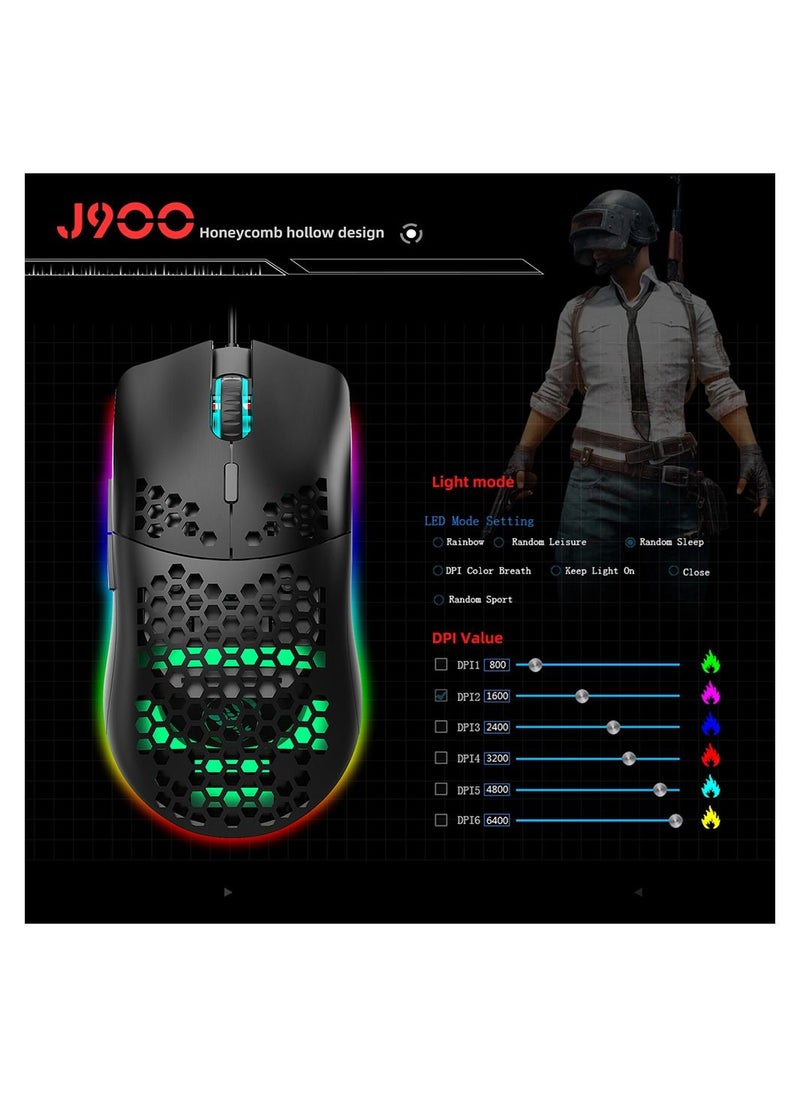 J900 Gaming Mouse, Lightweight Honeycomb Wired Mouse with 6-Level Adjustable DPI & RGB Breathing Light for Desktop Laptop (Black)