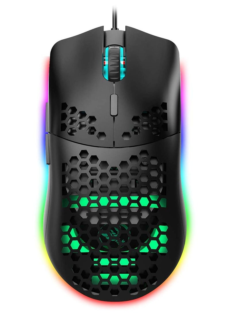 J900 Gaming Mouse, Lightweight Honeycomb Wired Mouse with 6-Level Adjustable DPI & RGB Breathing Light for Desktop Laptop (Black)