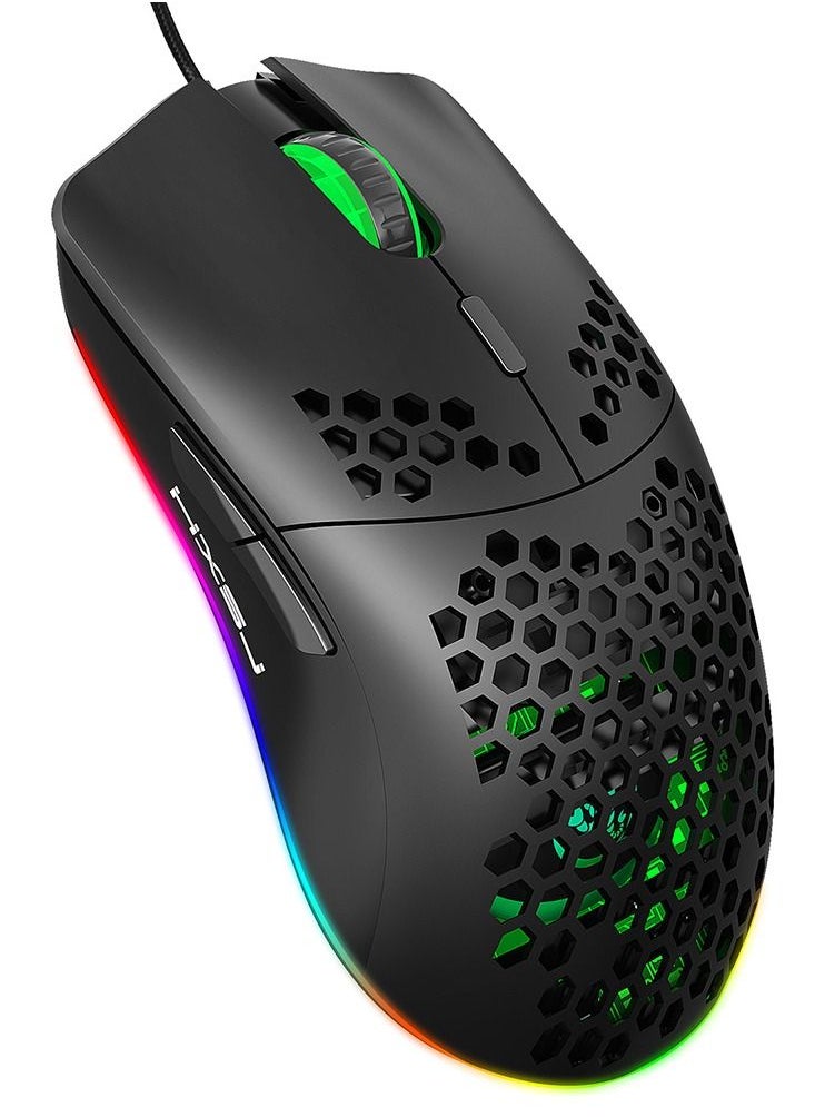 J900 Gaming Mouse, Lightweight Honeycomb Wired Mouse with 6-Level Adjustable DPI & RGB Breathing Light for Desktop Laptop (Black)