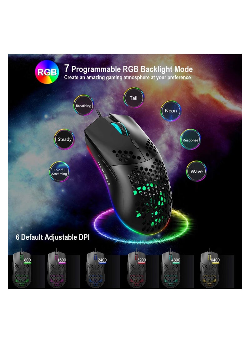 J900 Gaming Mouse, Lightweight Honeycomb Wired Mouse with 6-Level Adjustable DPI & RGB Breathing Light for Desktop Laptop (Black)