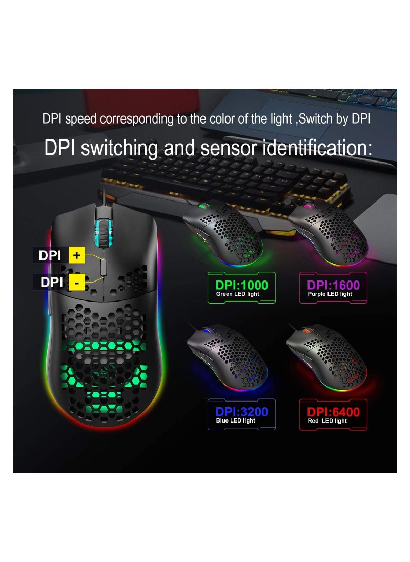 J900 Gaming Mouse, Lightweight Honeycomb Wired Mouse with 6-Level Adjustable DPI & RGB Breathing Light for Desktop Laptop (Black)
