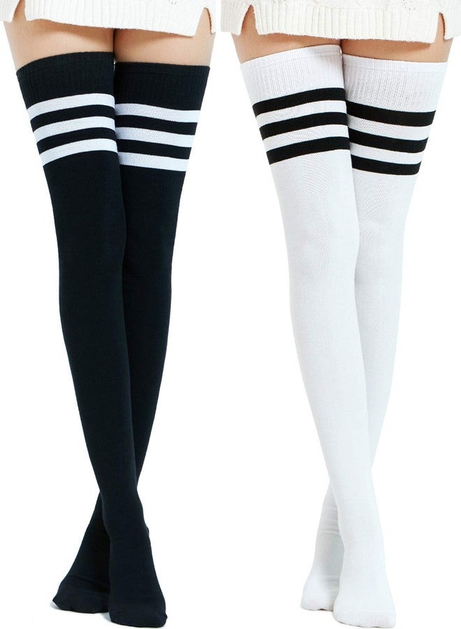 Kayhoma Extra Long Cotton Stripe Thigh High Socks Over the Knee High Stockings, Black and White, 2 Pairs… - Image 1