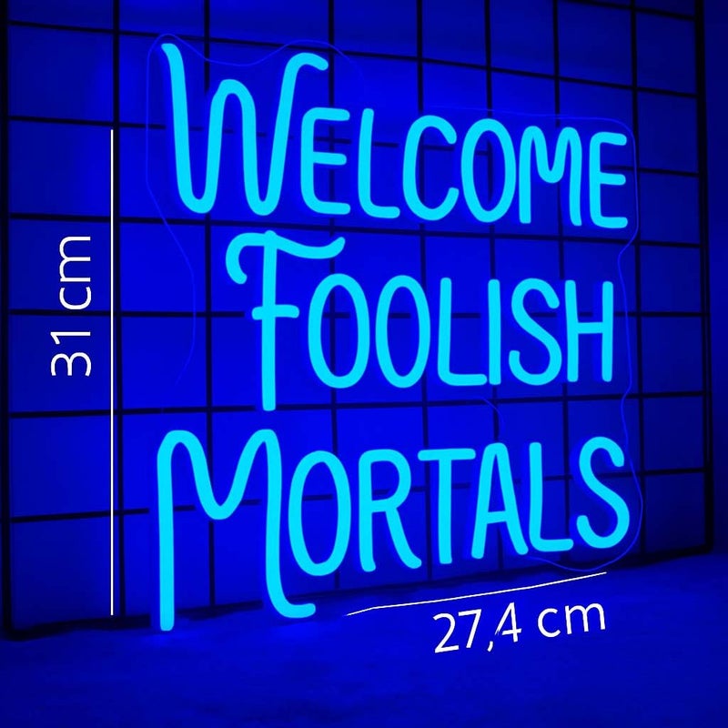 Horoof Home Welcome Foolish Mortals Halloween Neon Sign - 31x27.4cm Blue LED Wall Light for Spooky Decor - Image 2