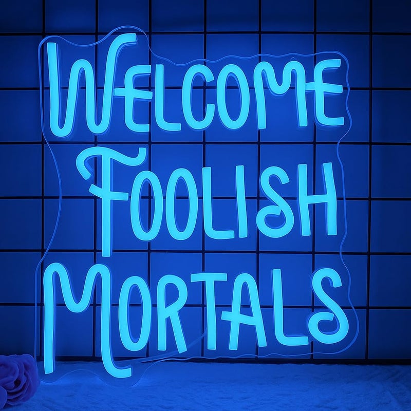 Horoof Home Welcome Foolish Mortals Halloween Neon Sign - 31x27.4cm Blue LED Wall Light for Spooky Decor - Image 1