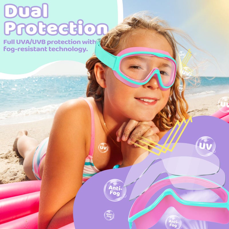 Vvinca Kids Swim Goggles with Comfort Fabric Strap 2 Pack, Wide View Anti-Fog/UV No Leak Swimming Goggles for Kids 3-14 Boys Girls Toddler - Image 3