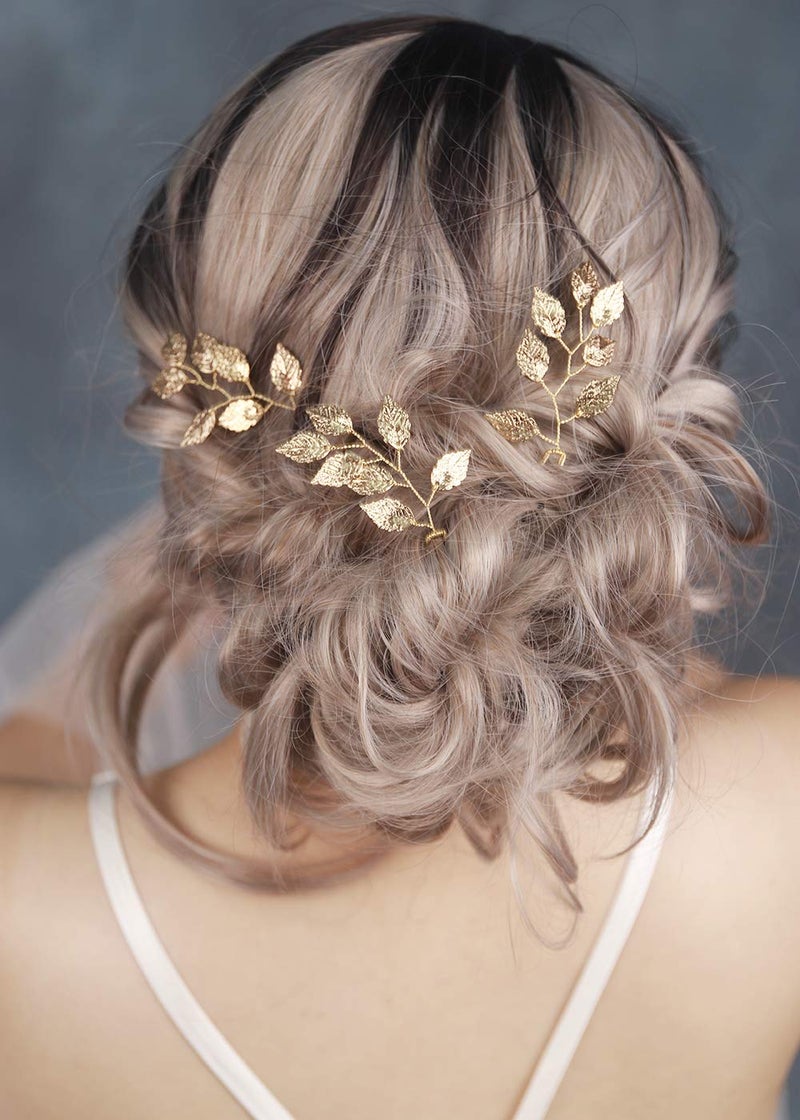 FXmimior Bride Hair Accessories Hair Pins Clip Bobby Pins Vintage Gold Leaf Bridesmaid Headpiece Customised Wedding pack of 3 - Image 1