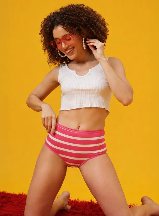 Clovia Retro Striped High Waist Hipster - Cotton