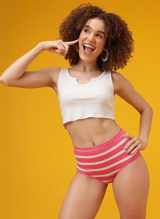 Clovia Retro Striped High Waist Hipster - Cotton