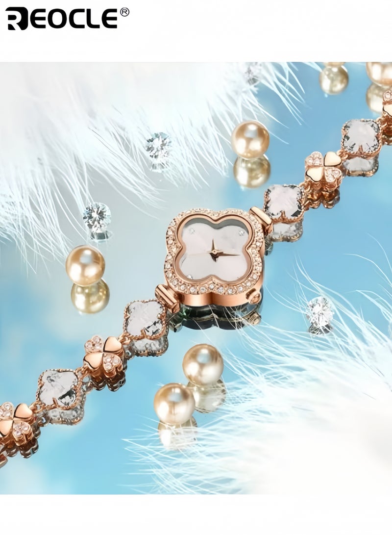 REOCLE Women's Luxury Four Leaf Clover Watch Bracelet Casual Versatile Ladies Watch Quartz Fashion Wristwatch Top Ladies Jewelry Watch White - Image 1