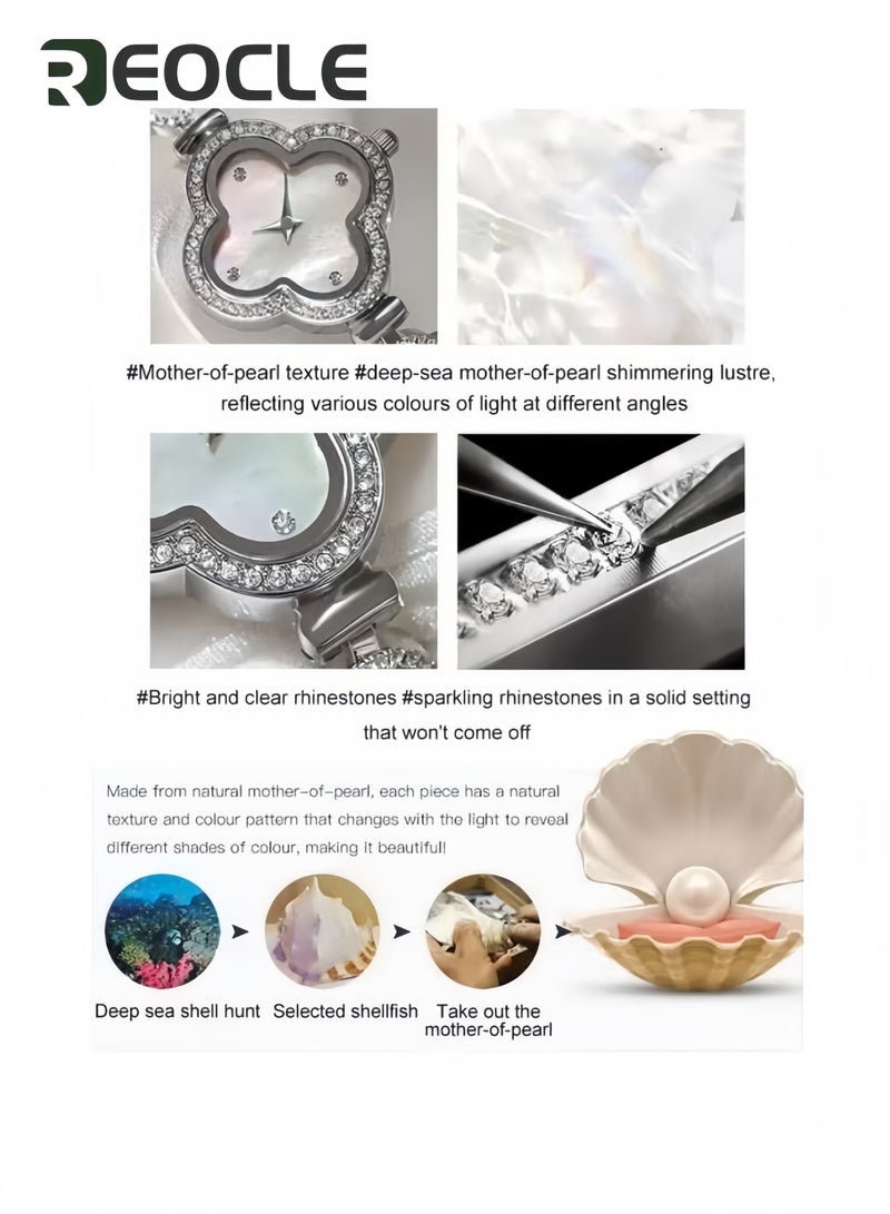 REOCLE Women's Luxury Four Leaf Clover Watch Bracelet Casual Versatile Ladies Watch Quartz Fashion Wristwatch Top Ladies Jewelry Watch White - Image 3