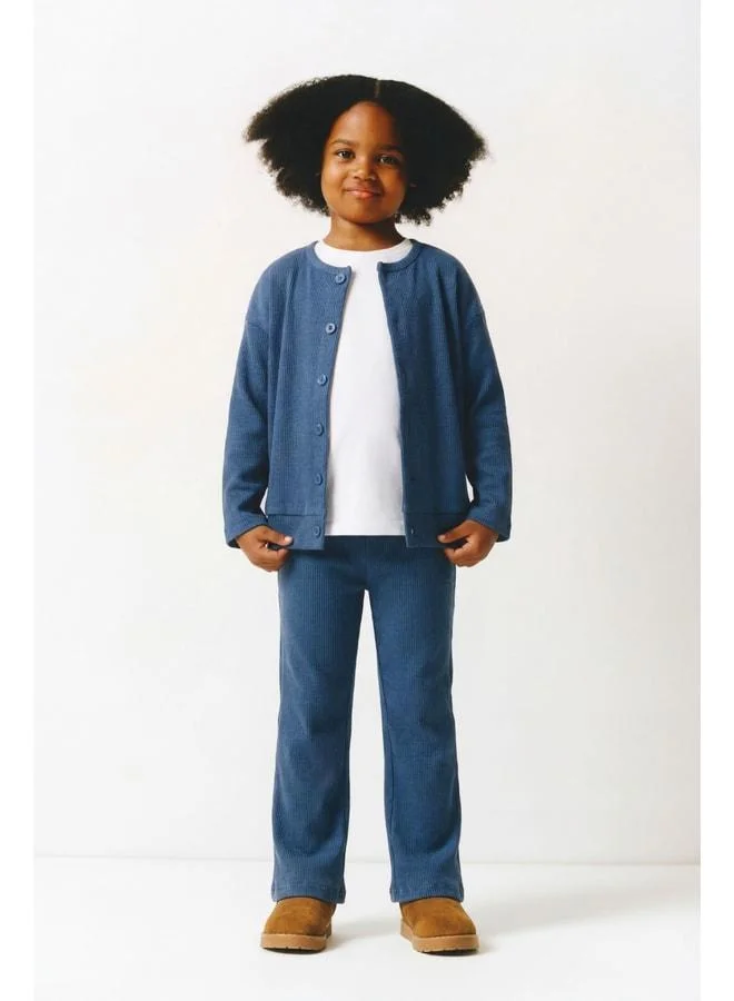 Magu Girls' Cotton Blue Ribbed Cardigan and Pants Set - Buttoned Cardigan, Flared Trousers
