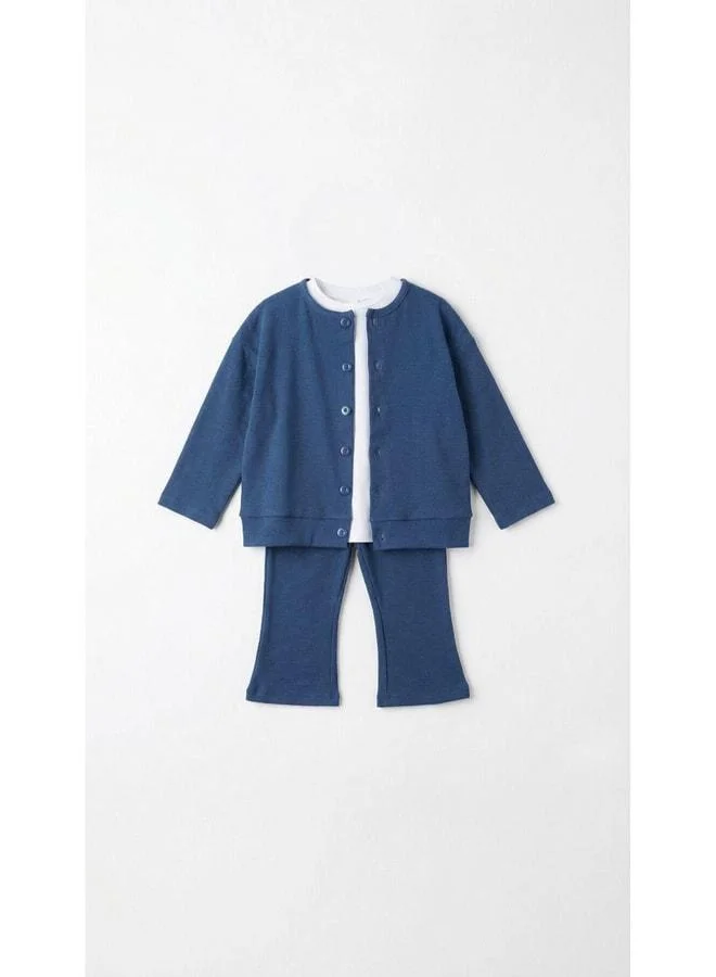Magu Girls' Cotton Blue Ribbed Cardigan and Pants Set - Buttoned Cardigan, Flared Trousers