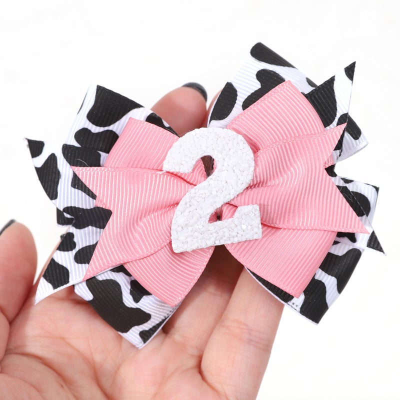 Jissoo Cow Print Bow Headband - Pink, Baby Girl 2nd Birthday Party Decorations, Farm Animal Themed Headband - Image 1