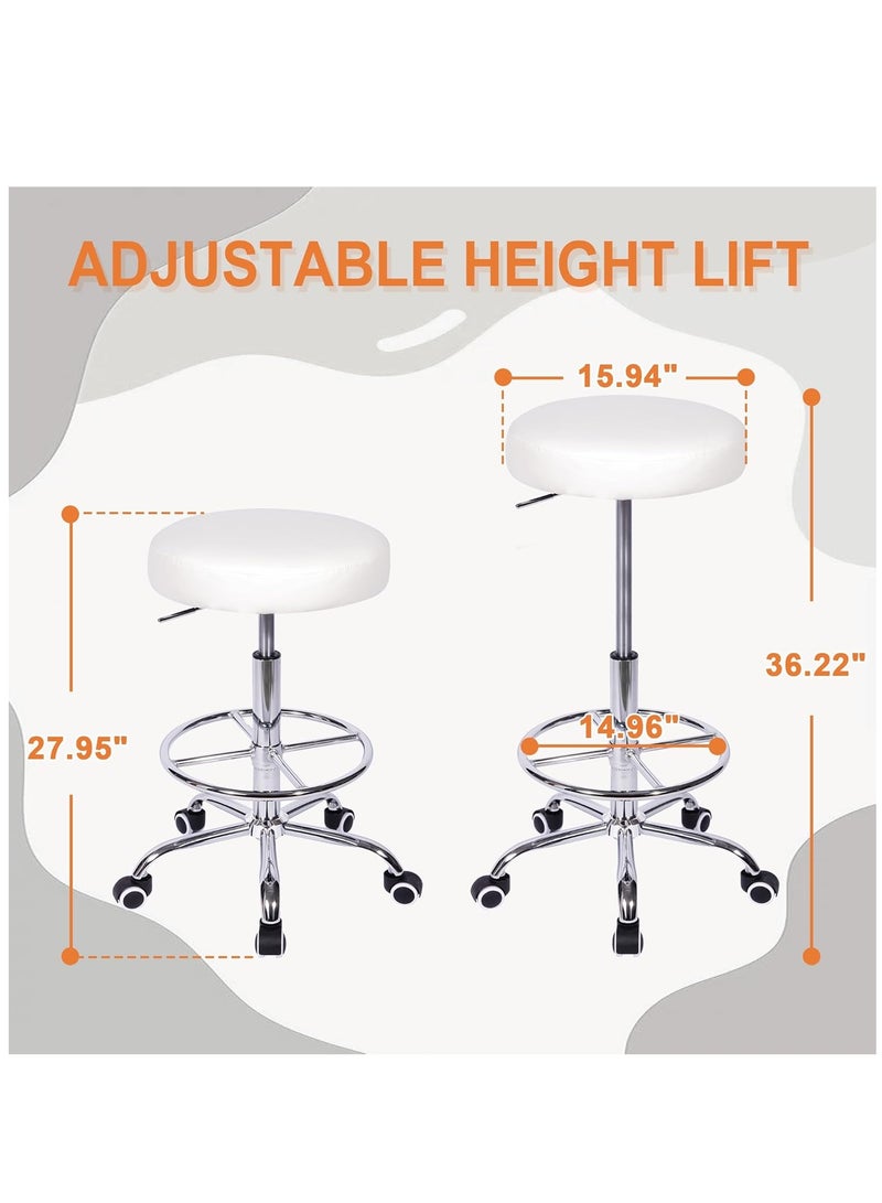 Generic Round Swivel Chair with Footrest and Wheels Easy Assembly PU Leather Adjustable Height for Salon Spa Office Medical Beauty Bar Lab White 2 Piece Set - Image 3