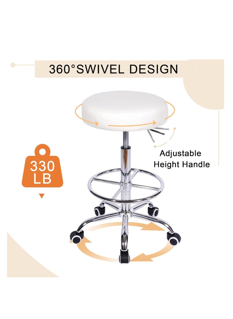 Generic Round Swivel Chair with Footrest and Wheels Easy Assembly PU Leather Adjustable Height for Salon Spa Office Medical Beauty Bar Lab White 2 Piece Set - Image 4