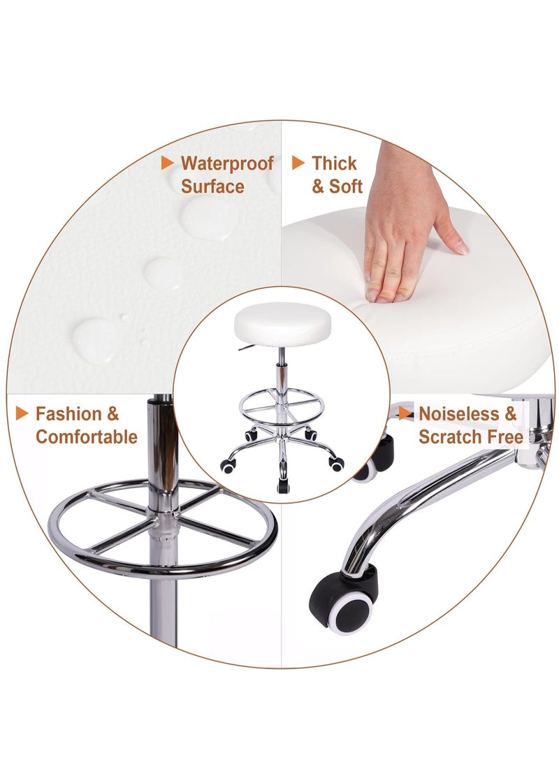Generic Round Swivel Chair with Footrest and Wheels Easy Assembly PU Leather Adjustable Height for Salon Spa Office Medical Beauty Bar Lab White 2 Piece Set - Image 5