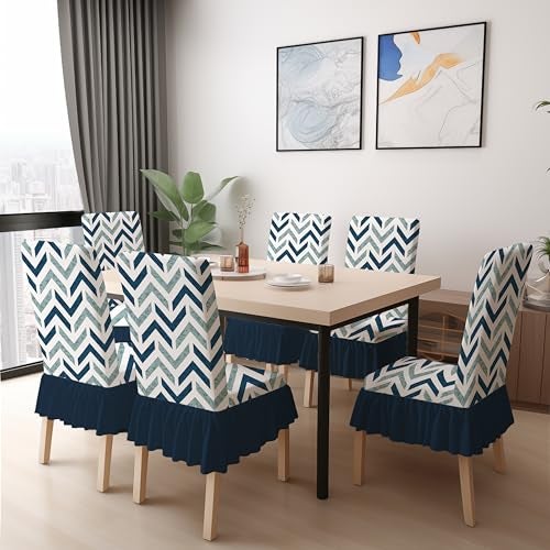 BRIDA Stretchable Floral Geometric Printed Dining Chair Covers Frill Skirt Elastic Chair Seat Case Protector, Slipcovers (6 Chair Cover, Zigzag Blue) - Image 1