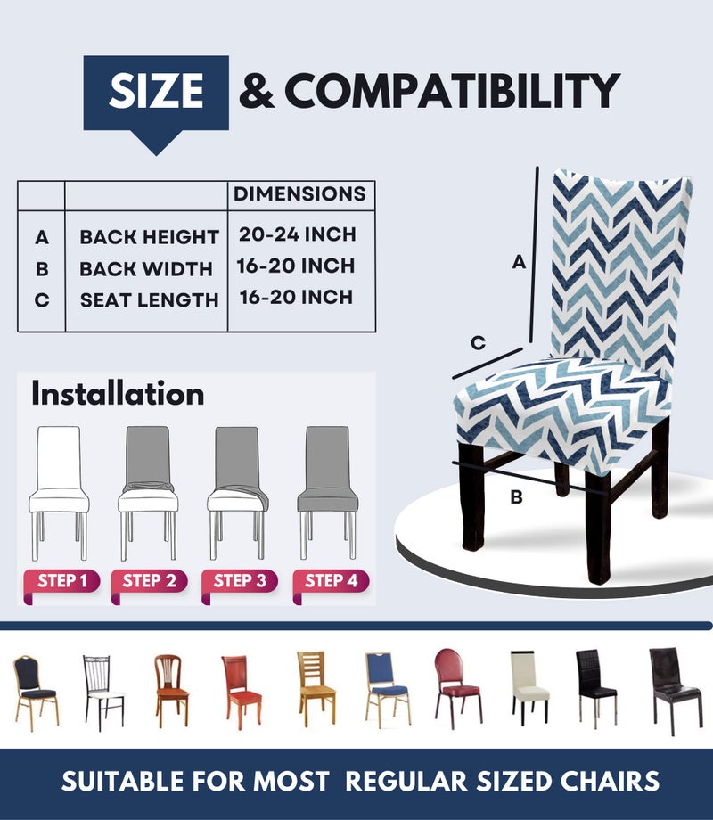 BRIDA Stretchable Floral Geometric Printed Dining Chair Covers Frill Skirt Elastic Chair Seat Case Protector, Slipcovers (6 Chair Cover, Zigzag Blue) - Image 5