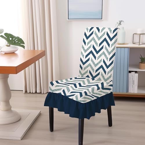 BRIDA Stretchable Floral Geometric Printed Dining Chair Covers Frill Skirt Elastic Chair Seat Case Protector, Slipcovers (6 Chair Cover, Zigzag Blue) - Image 2