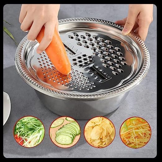 MANSTE ENTERPRISE Multifunctional 3 in 1 Stainless Steel Basin Grater Colander with Lids and Mixing Bowl Solid Basin Drain Basket Washing Bowl Salad Maker Bowl for Vegetables Fruit Rice Food Washing - Image 5