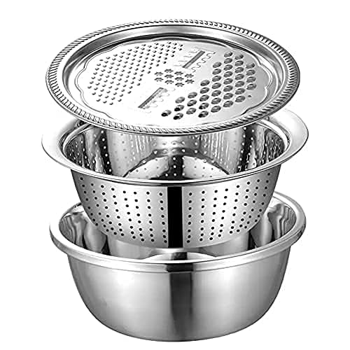 MANSTE ENTERPRISE Multifunctional 3 in 1 Stainless Steel Basin Grater Colander with Lids and Mixing Bowl Solid Basin Drain Basket Washing Bowl Salad Maker Bowl for Vegetables Fruit Rice Food Washing - Image 2