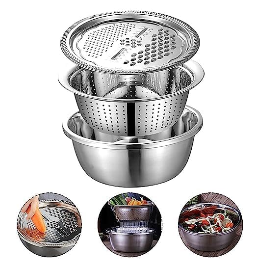 MANSTE ENTERPRISE Multifunctional 3 in 1 Stainless Steel Basin Grater Colander with Lids and Mixing Bowl Solid Basin Drain Basket Washing Bowl Salad Maker Bowl for Vegetables Fruit Rice Food Washing - Image 1