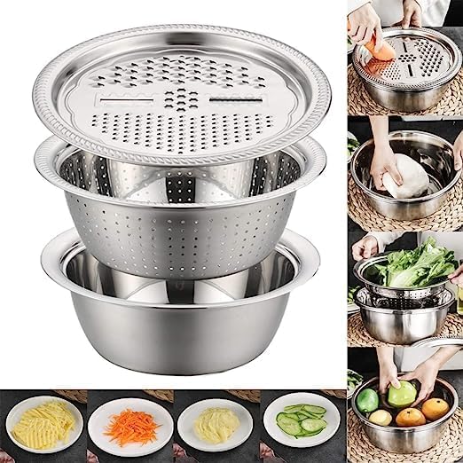 MANSTE ENTERPRISE Multifunctional 3 in 1 Stainless Steel Basin Grater Colander with Lids and Mixing Bowl Solid Basin Drain Basket Washing Bowl Salad Maker Bowl for Vegetables Fruit Rice Food Washing - Image 3