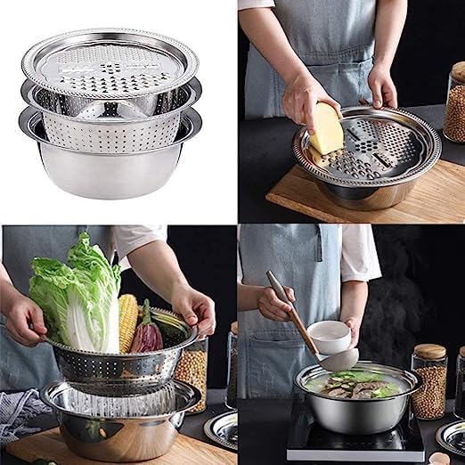 MANSTE ENTERPRISE Multifunctional 3 in 1 Stainless Steel Basin Grater Colander with Lids and Mixing Bowl Solid Basin Drain Basket Washing Bowl Salad Maker Bowl for Vegetables Fruit Rice Food Washing - Image 4